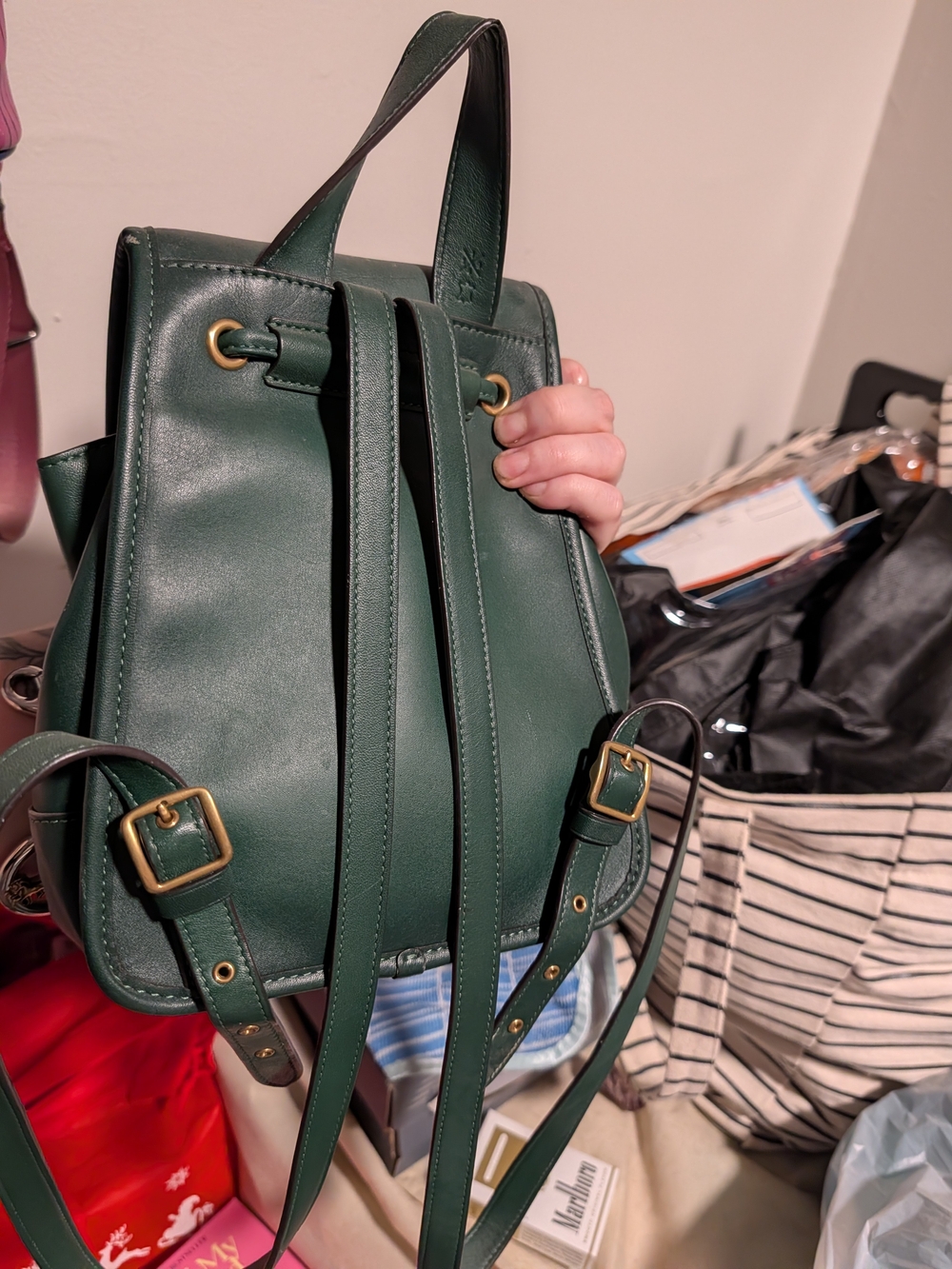 Coach Forest Green Leather Backpack with Gold-Tone Hardware